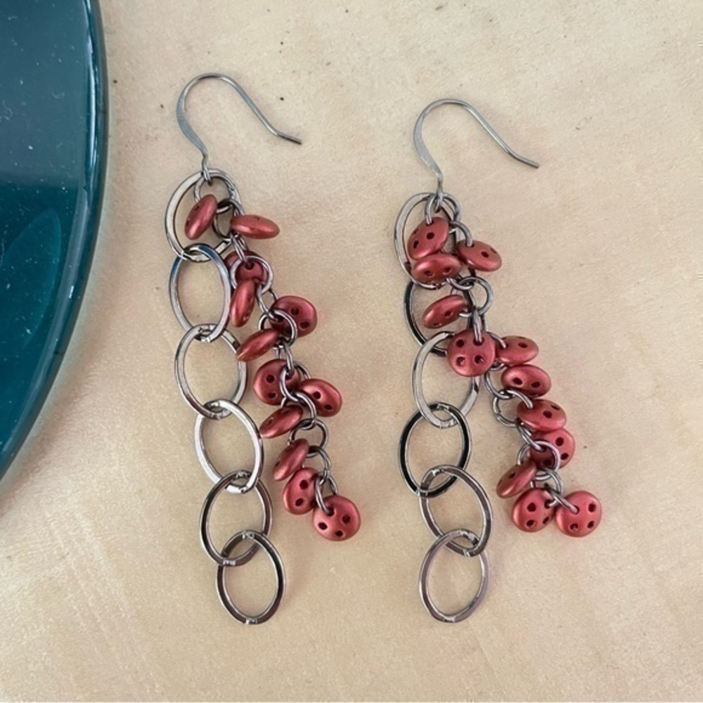 2/$29 Handmade Red Czech Glass & Gunmetal Chain Statement Earrings 3” NWT